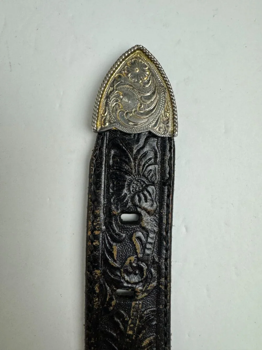 El Vaquero Genuine Leather Western Belt Sz 38 Black Tooled Mexico Silver Conchos